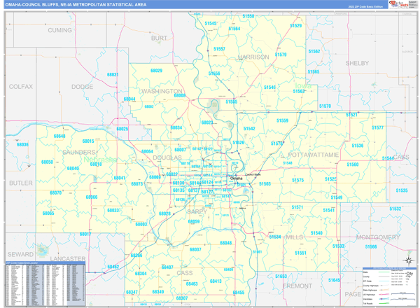 Omaha-Council Bluffs Metro Area Wall Map Basic Style